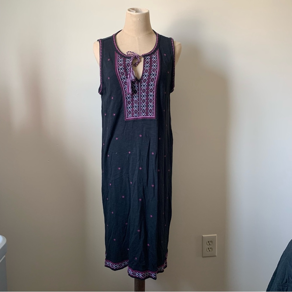 J. Jill Black Sleeveless Midi Dress with Pink Embroidery